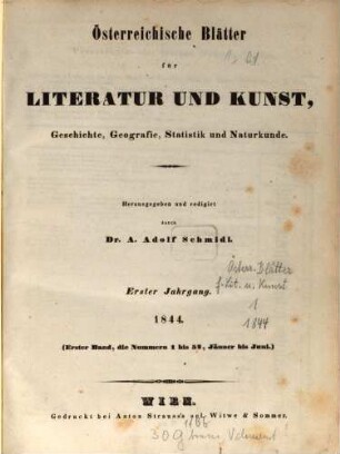 Österreichische Blätter für Literatur und Kunst, Geschichte, Geographie, Statistik und Naturkunde, 1. 1844