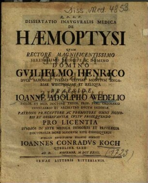 Dissertatio Inavgvralis Medica De Haemoptysi
