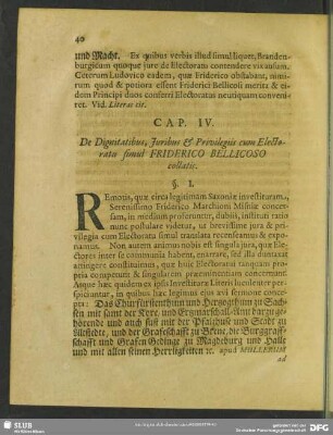 Cap. IV. De Dignitatibus, Juribus & Privilegiis cum Electoratu simul Friderico Bellicoso collatis