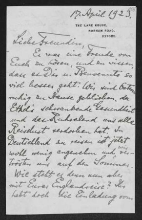 Brief von Ethel Mary Fiedler, Hermann Georg Fiedler und Herma Fiedler an Gerhart Hauptmann und Margarete Hauptmann