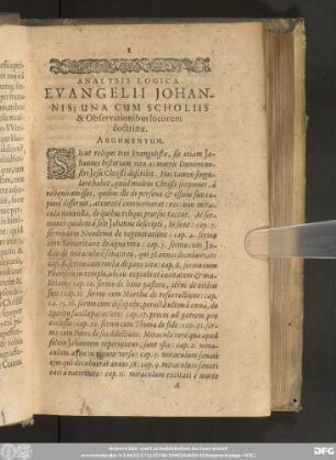 Analysis Logica Evangelii Johannis; Una Cum Scholiis & Observationibus locorum doctrinae.