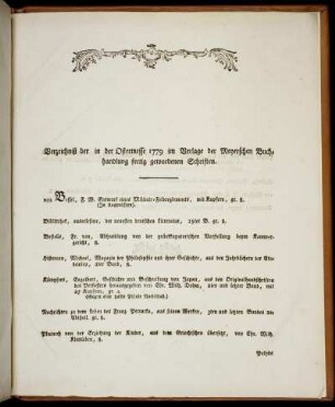 Verzeichniß der in der Ostermesse 1779 im Verlage der Meyerschen Buchhandlung fertig gewordenen Schriften.