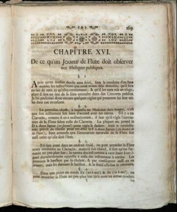 Chapitre XVI. De ce qu`un Joueur de Flute doit observer aux Musiques publiques.