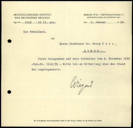 T. Wiegand an G. Karo