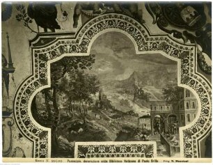Deckendekoration mit Tugendfiguren, Sibyllen und Landschaften, Landschaften mit Bezügen zur Bibliothek, Landschaft mit Szenen des Buchdrucks