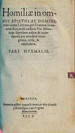 Homiliae in omnes Epistolas Dominicales iuxta Literam, Pars Hyemalis