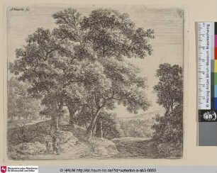 [Landschaft mit zwei Jungen; Two boys and a barking dog]