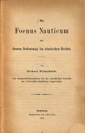 Das foenus nauticum und dessen Bedeutung im römischen Rechte