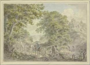 Waldige Landschaft, links ein Leiterwagen mit zwei Pferden