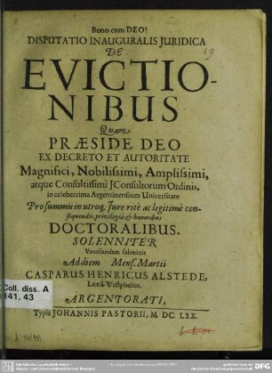 Disputatio inauguralis juridica de evictionibus