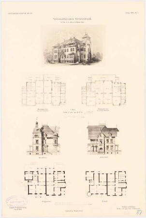 Villa für zwei Familien, Berlin-Grunewald Monatskonkurrenz März 1890, engerer Wettbewerb April 1890: Grundriss Hauptgeschoss für einen Besitzer, Grundriss Hauptgeschoss für zwei Besitzer