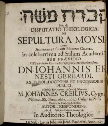 [...] Hoc est, Disputatio Theologica De Sepultura Moysis