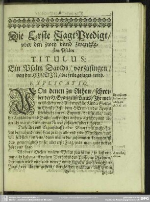 Die Erste Jagt Predigt, uber den zwey unnd zwantzigsten Psalm