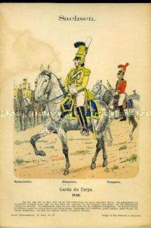 Uniformdarstellung, Gemeine, Rittmeister und Trompeter der Garde du Corps, Königreich Sachsen, 1810.