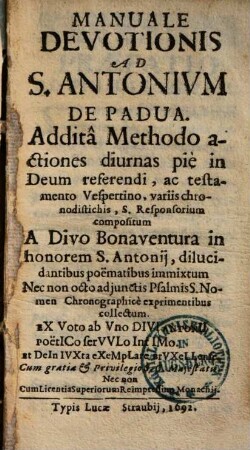 Manuale devotionis ad S. Antonium de Padua ...