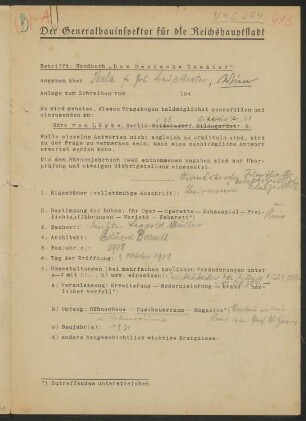 Johann-Strauß-Theater, Wien: Fragebogen für das Handbuch »Das Deutsche Theater«, vierseitiges Dokument