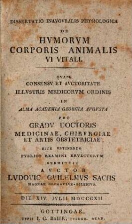 Diss. inaug. physiol. de humorum corporis animalis vi vitali