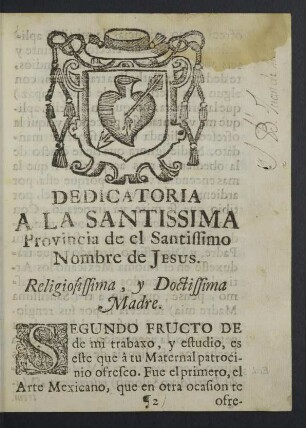 Dedicatoria a la Santissima Provincia de el Santissimo Nombre de Jesus.