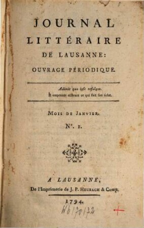 Journal littéraire de Lausanne : ouvrage périodique. 1, 1. 1794