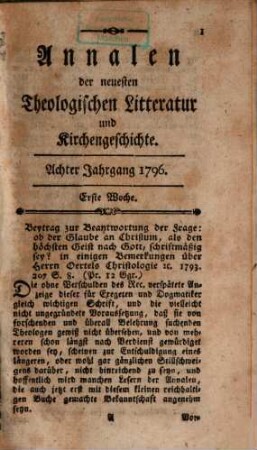 Annalen der neuesten Theologischen Litteratur und Kirchengeschichte. 8. 1796