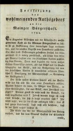 Fortsetzung des wohlmeinenden Rathsgebers an die Mainzer Bürgerschaft. 1792