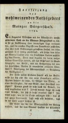 Fortsetzung des wohlmeinenden Rathsgebers an die Mainzer Bürgerschaft. 1792
