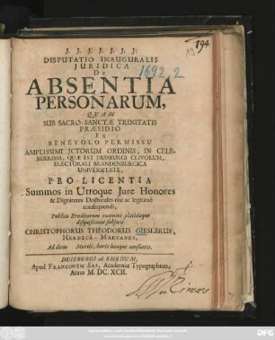 Disputatio Inauguralis Iuridica De Absentia Personarum