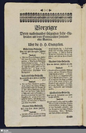 Vorzeiger Deren nacheinander folgenden Lehr-Gesprächen und deren Summarische Innhalts, oder Materien