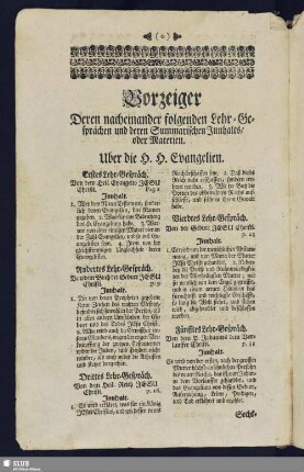 Vorzeiger Deren nacheinander folgenden Lehr-Gesprächen und deren Summarische Innhalts, oder Materien