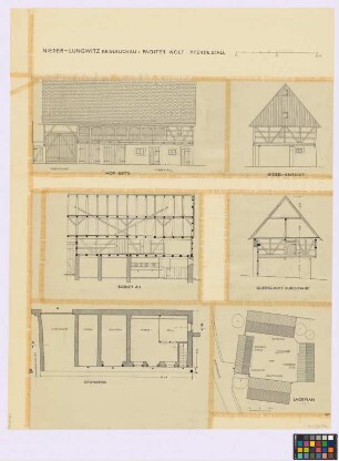 Niederlungwitz (Kreis Glauchau): Pächter Wolf. - Lageplan mit Scheune (Aufsicht), Hinterer Stall (Aufsicht), Pferdestall (Aufsicht), Haupthaus (Aufsicht). - Pferdestall (Hof-Seiten-Ansicht, Giebel-Ansicht, Längsschnitt A-B, Durchfahrts-Querschnitt, Grundriss).