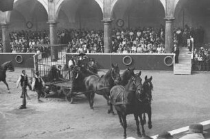 Turnierspiele 1936 : Dresden, Stallhof, Turnierspiele, Festumzug. Jagdaufzug aus der Zeit Kurfürst Johann Georg I., Wagen mit Bär im Käfig