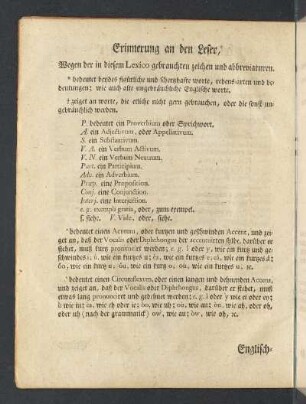 Erinnerung an den Leser, Wegen der in diesem Lexico gebrauchten zeichen und abbreviaturen.