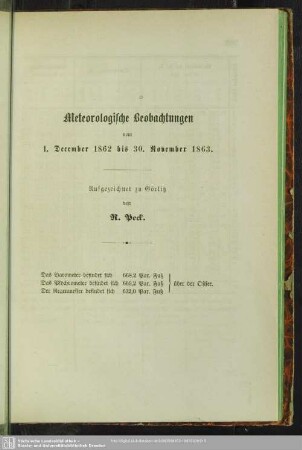 Meteorologische Beobachtungen vom 1. December 1862 bis 30. November 1863 : Aufgezeichnet zu Görlitz