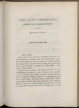 NOTIZIA DI UNA GOMMEMORAZIONE COMIMCATA ALL' ACCCADEMIA PONTANIANA