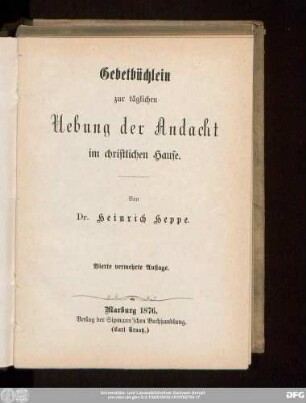 Gebetbüchlein zur täglichen Uebung der Andacht im christlichen Hause