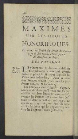 Maximes sur les droits honorifiques.