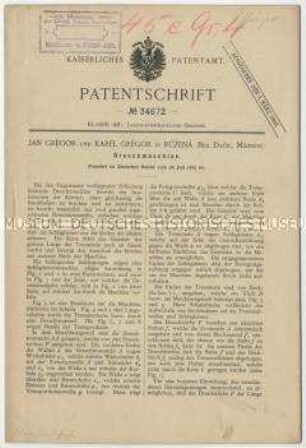 Patentschrift einer Dreschmaschine, Patent-Nr. 34672