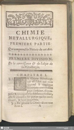 Premiere Division [de la Premiere Partie]. De la connoissance & de l'objet de la Métallurgie