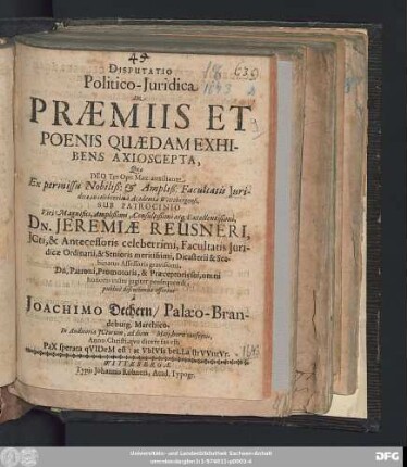 Disputatio Politico-Iuridica De Praemiis Et Poenis Quaedam Exhibens Axioscepta