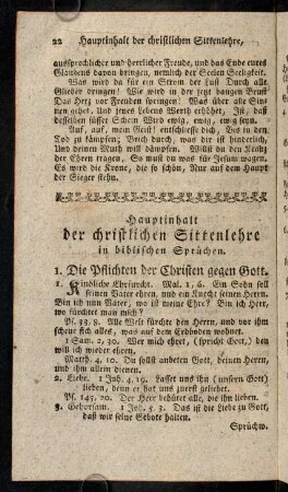 22-30, Hauptinhalt der christlichen Sittenlehre in biblischen Sprüchen.