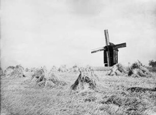 Holzhausen. Blick zu einer Bockwindmühle über ein abgeerntetes Getreidefeld