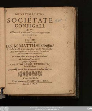 Disputatio Politica. De Societate Coniugali