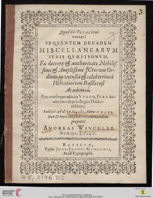 Sequentem Decadem Miscellanearum Iuris Quaestionum