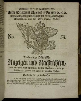 No. 53. Montags, den 31ten December 1759.