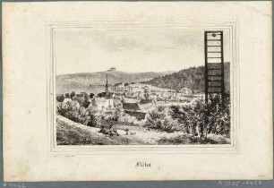 Ortsansicht von Flöha in Mittelsachsen, im Hintergrund die Augustusburg, aus Sachsens Kirchen-Galerie von Hermann Schmidt, Bd. 8 1842