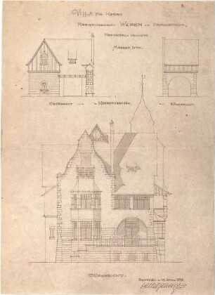 Metzendorf, Heinrich; Darmstadt; Villa Weber - Südseite u. Nebengebäude Ost - u. Südseite (Ansichten)