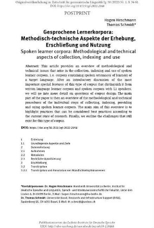 Gesprochene Lernerkorpora: Methodisch-technische Aspekte der Erhebung, Erschließung und Nutzung