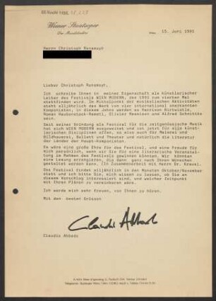 Brief an Christoph Ransmayr, 15.06.1991