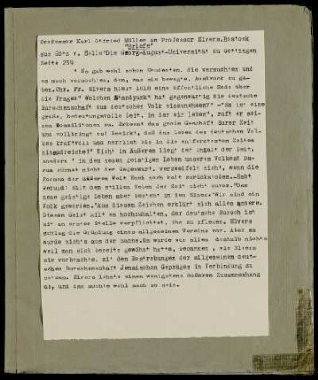 Umschl.: Professor Karl Otfried Müller an Professor Elvers, Rostock "Briefe" aus Götz v. Selle "Die Georg-August-Universität zu Göttingen", Seite 239