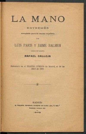 La mano : entremés